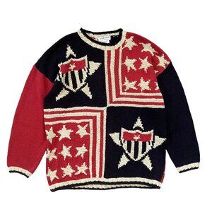 Vintage Jaeger Hand Knit Silk Blend Oversized Stars‎ Stripes Flag Sweater Medium